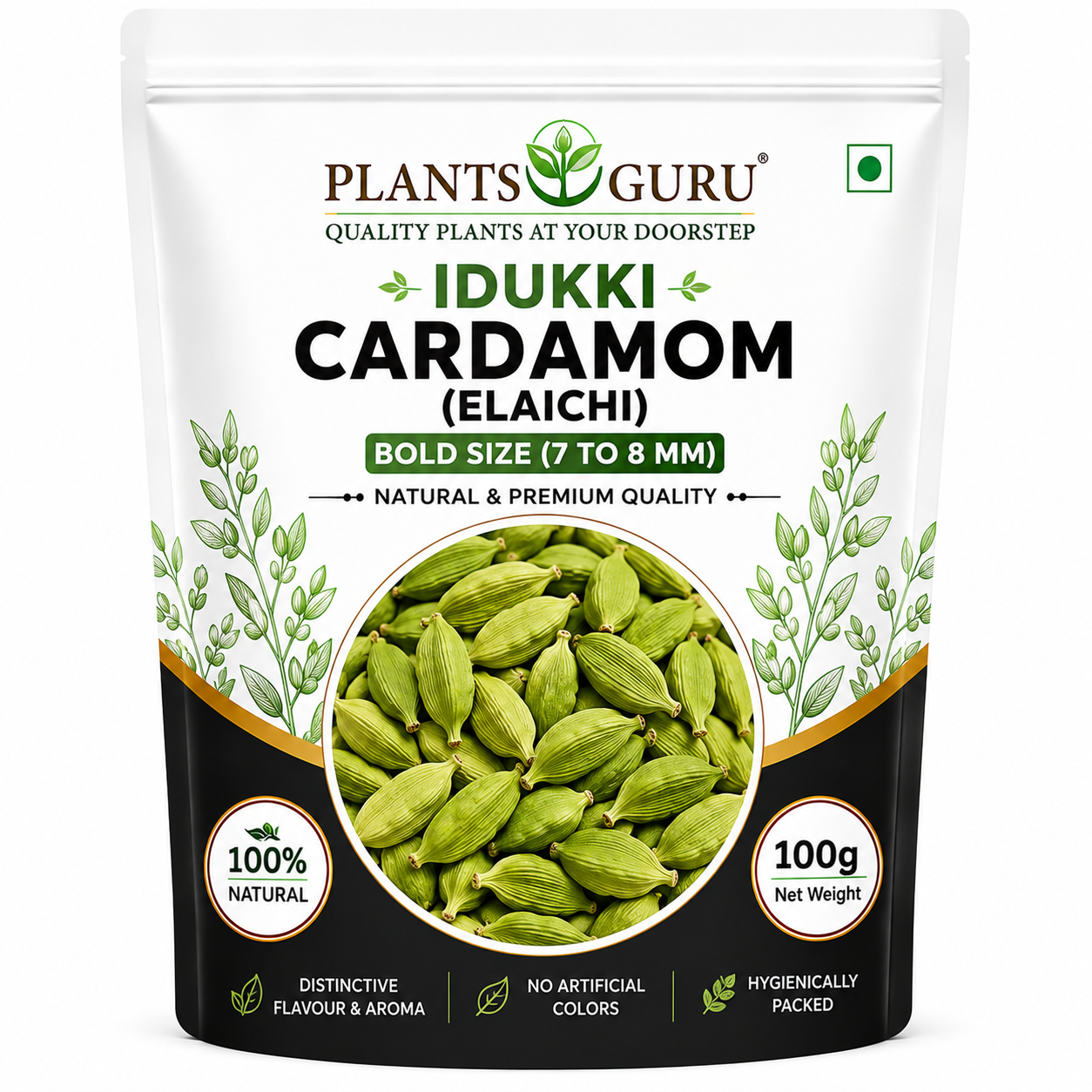 Plants Guru Idukki Green Cardamom (Elaichi) 100g | Bold Size (7–8 mm) | Premium Natural Green Cardamom | Distinctive Flavour & Aroma | No Artificial Colors | Whole Cardamom Pods -Spices