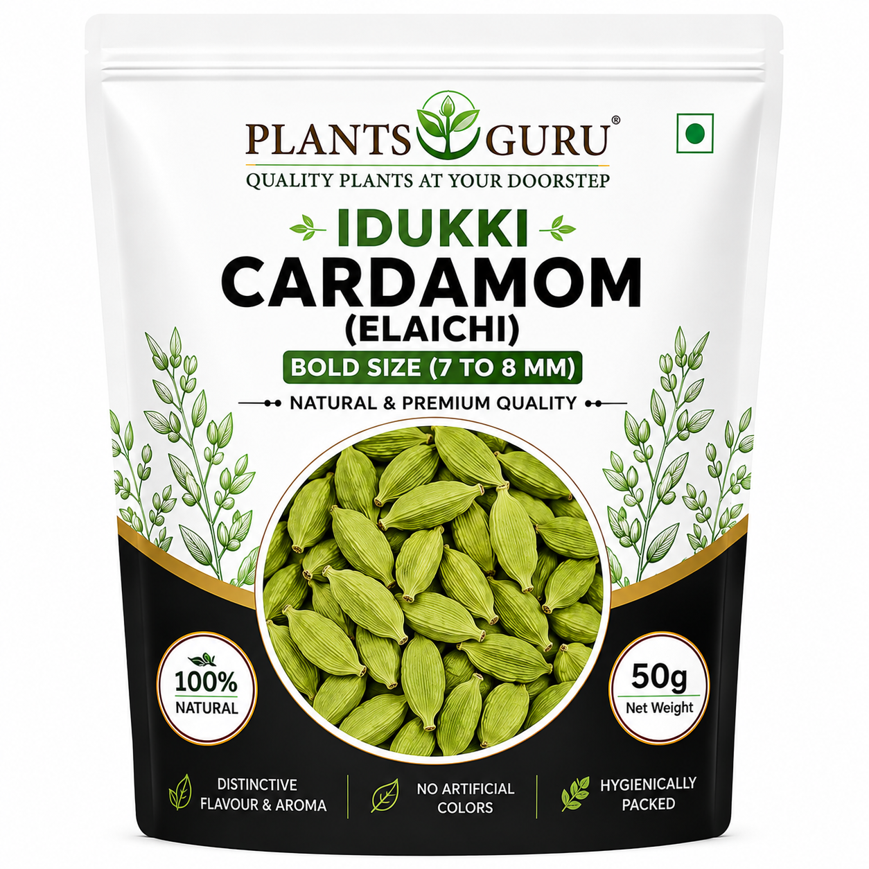 Plants Guru Idukki Green Cardamom (Elaichi) 50g | Bold Size (7–8 mm) | Premium Natural Green Cardamom | Distinctive Flavour & Aroma | No Artificial Colors | Whole Cardamom Pods -Spices