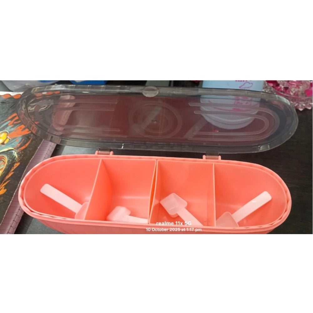 Generic Plastic 4 Grid Design Made In India Container with Spoon (Multicolor)