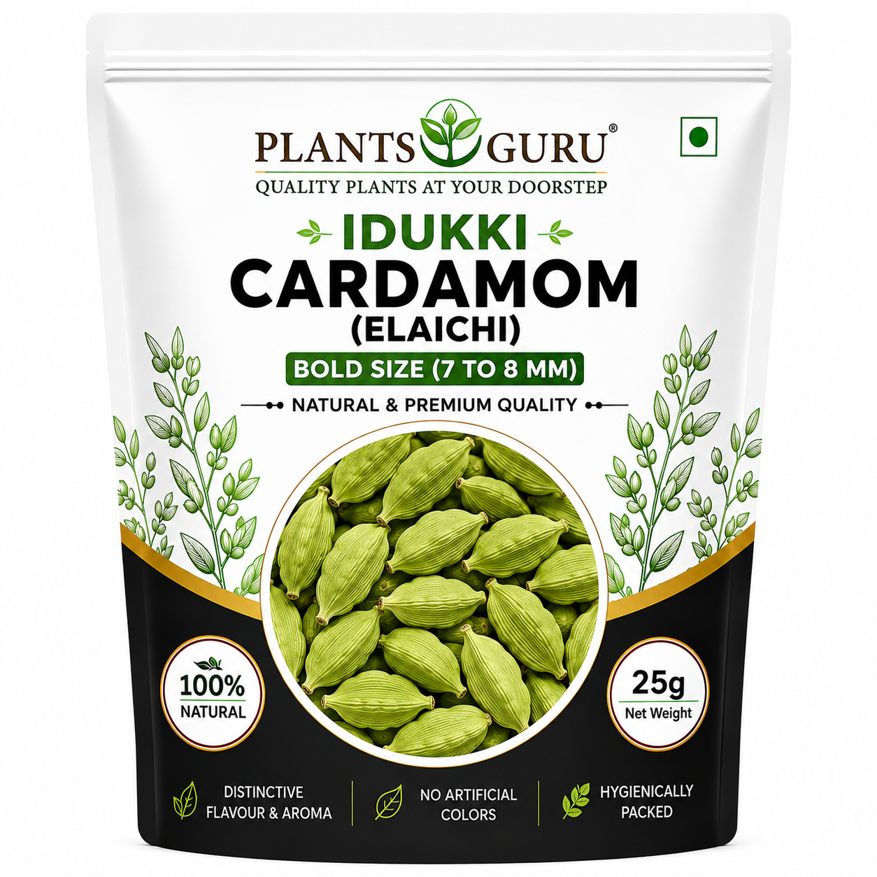 Plants Guru Idukki Green Cardamom (Elaichi) 25g | Bold Size (7–8 mm) | Premium Natural Green Cardamom | Distinctive Flavour & Aroma | No Artificial Colors | Whole Cardamom Pods -Spices